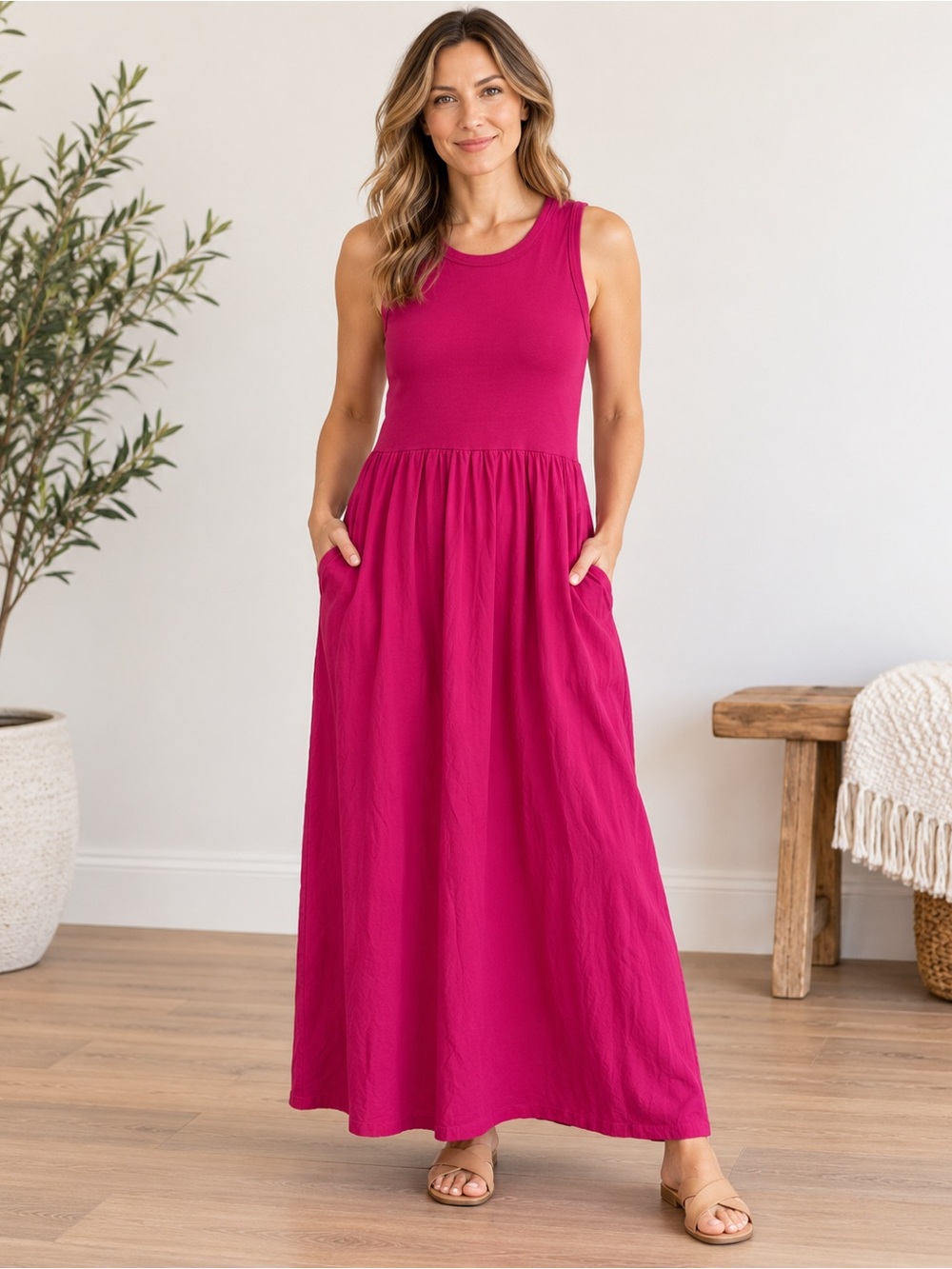 Chico’s Fuchsia Pink Mixed Media Sleeveless Maxi Dress Pockets Size 3 XL 16–18
